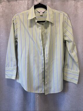 Casual Corner Pale Green Striped Dress Shirt Blue Accents